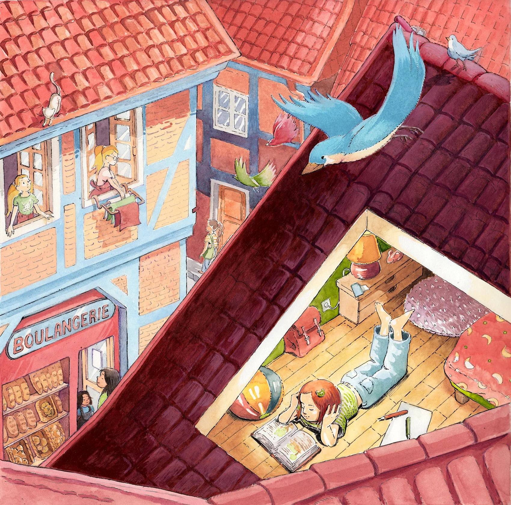 Poetic picture book illustration of a girl reading in her room from a top view, surrounded by a charming village with small figures and a large blue bird in the foreground