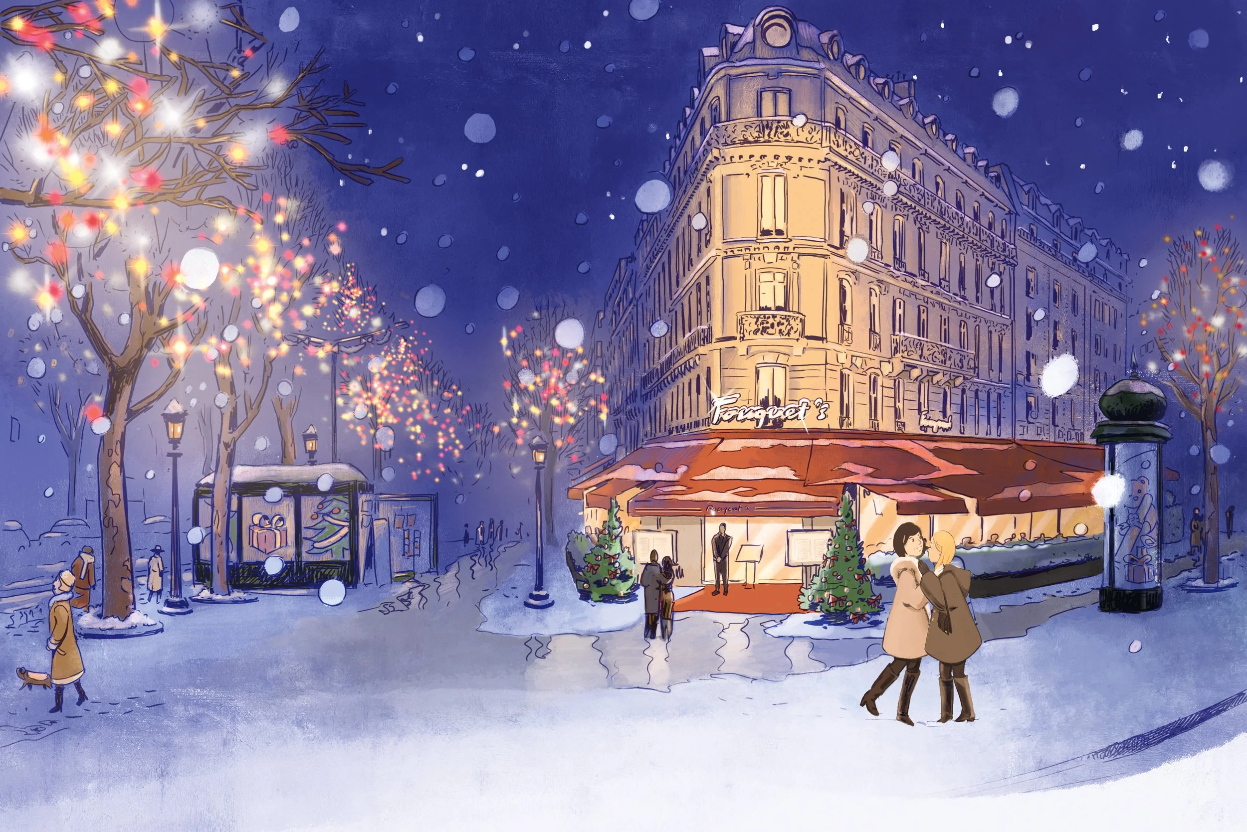 Published illustration of a family reunion in front of Hôtel Fouquet’s in Paris during a snowy Christmas night, part of a luxury editorial hospitality story