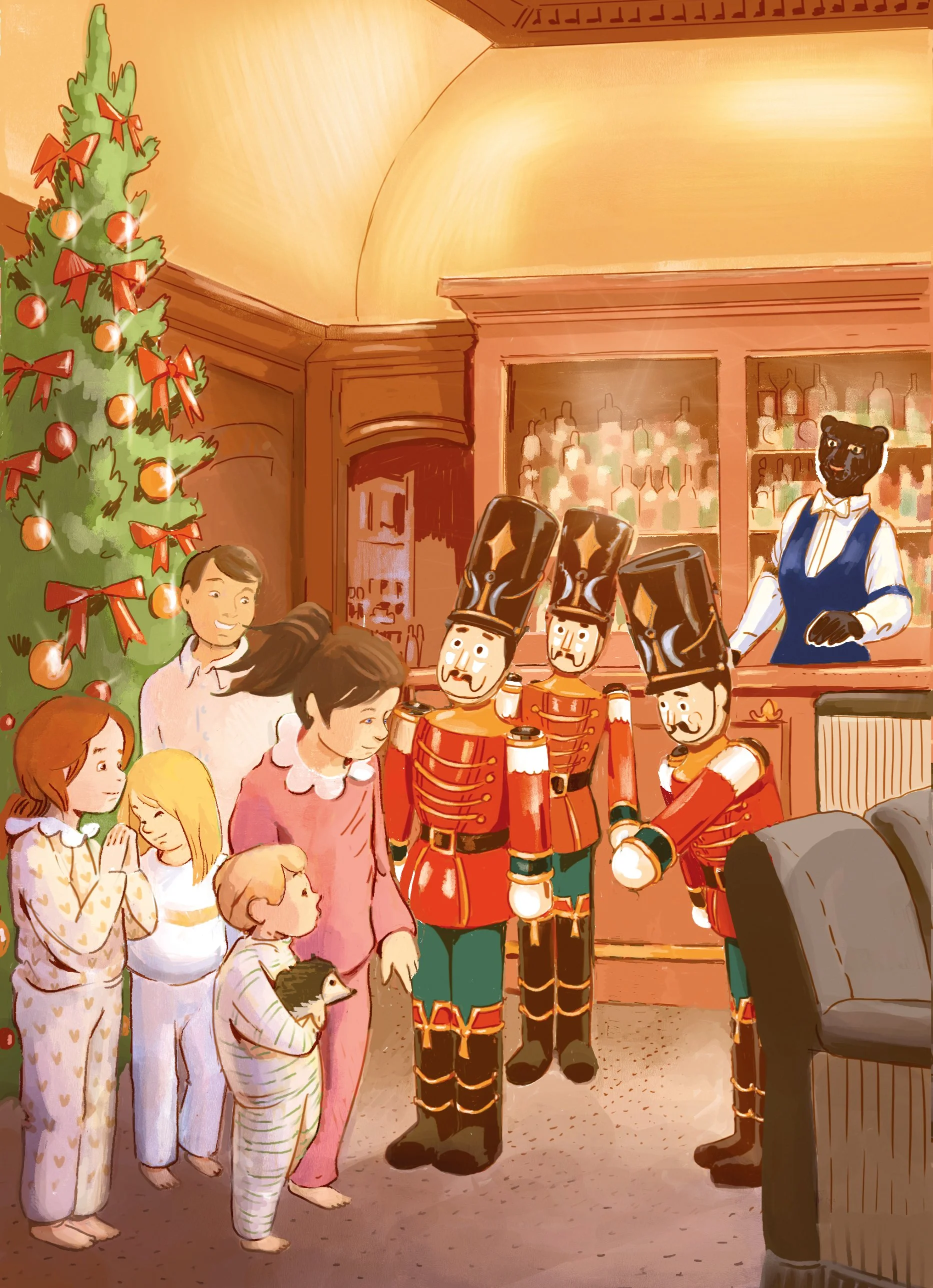 Published fantasy illustration of children in pajamas inside a luxury hotel lounge bar with a Christmas tree, featuring a black panther bartender and nutcracker automata characters