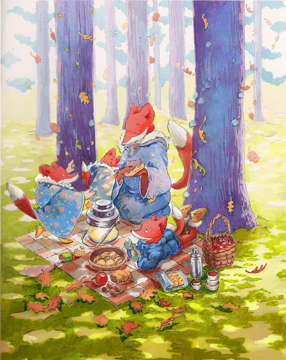 Watercolor children’s book illustration of a fox family having a picnic in a colorful forest at early spring with a soft and poetic atmosphere