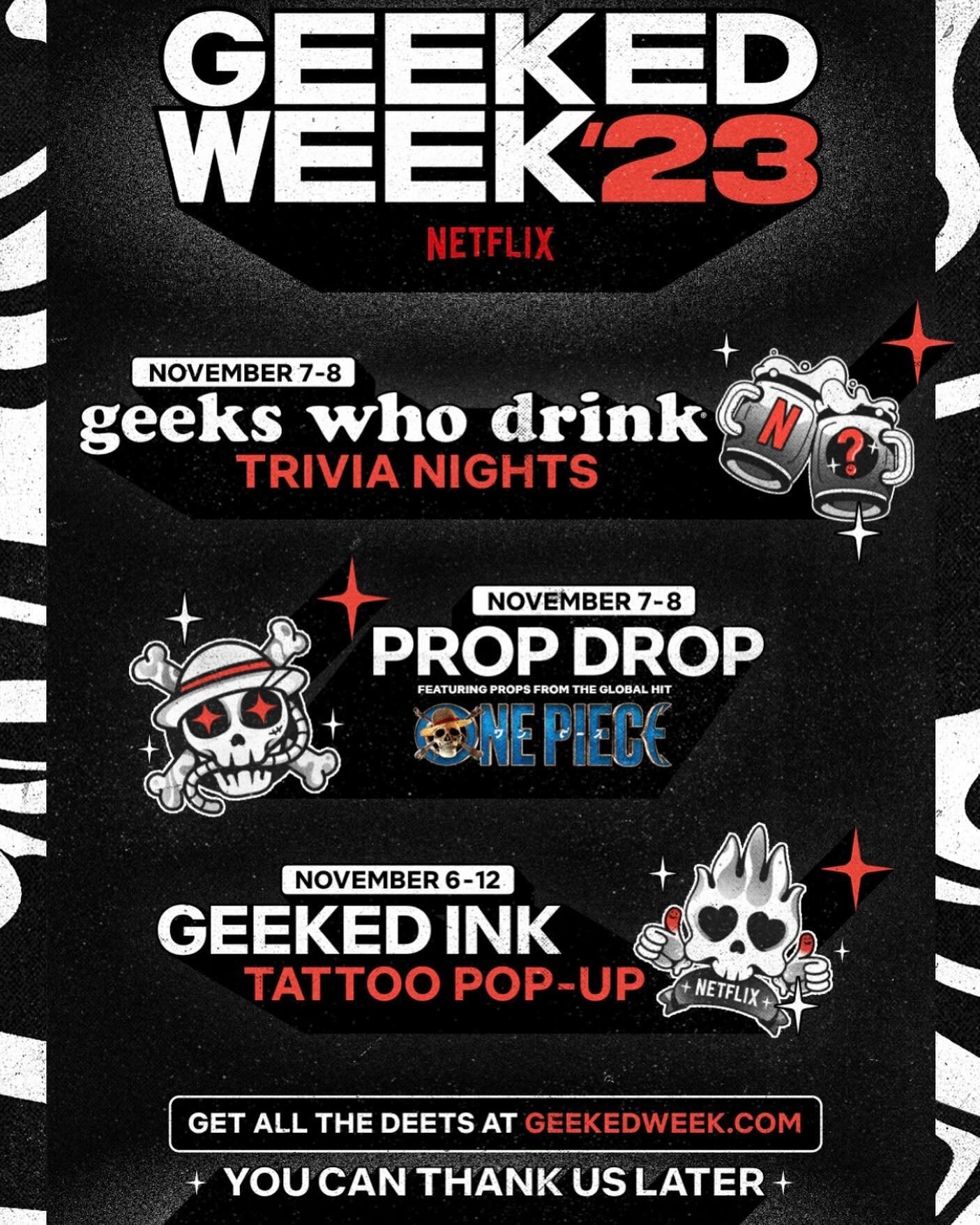 Happy to announce FLYRITE TATTOO will be participating with NETFLIX in GEEKED WEEK&rsquo;23! 
Our dates will be Tuesday November 7,2023 and Wednesday November 8,2023 from 1pm-9pm!
TATTOO designs from specific flash based on NETFLIX shows will be done