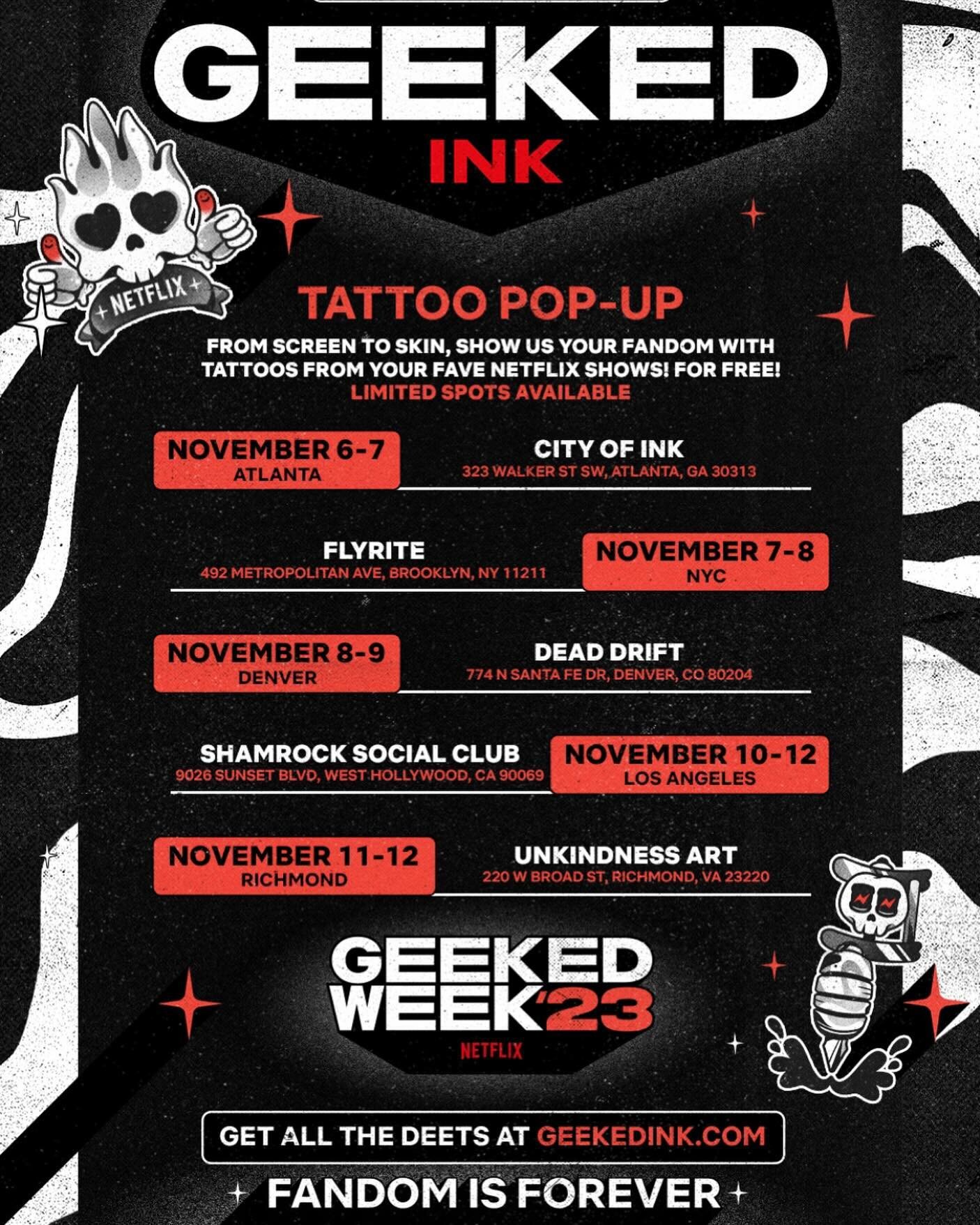 Join us November 7 and 8, 2023 with @netflix for FREE tattoos @mikelucenatattoo @gill_gold @r.cavalcantetattoo @damionross @stevenhuie_flyrite  Sign up to reserve a spot!!