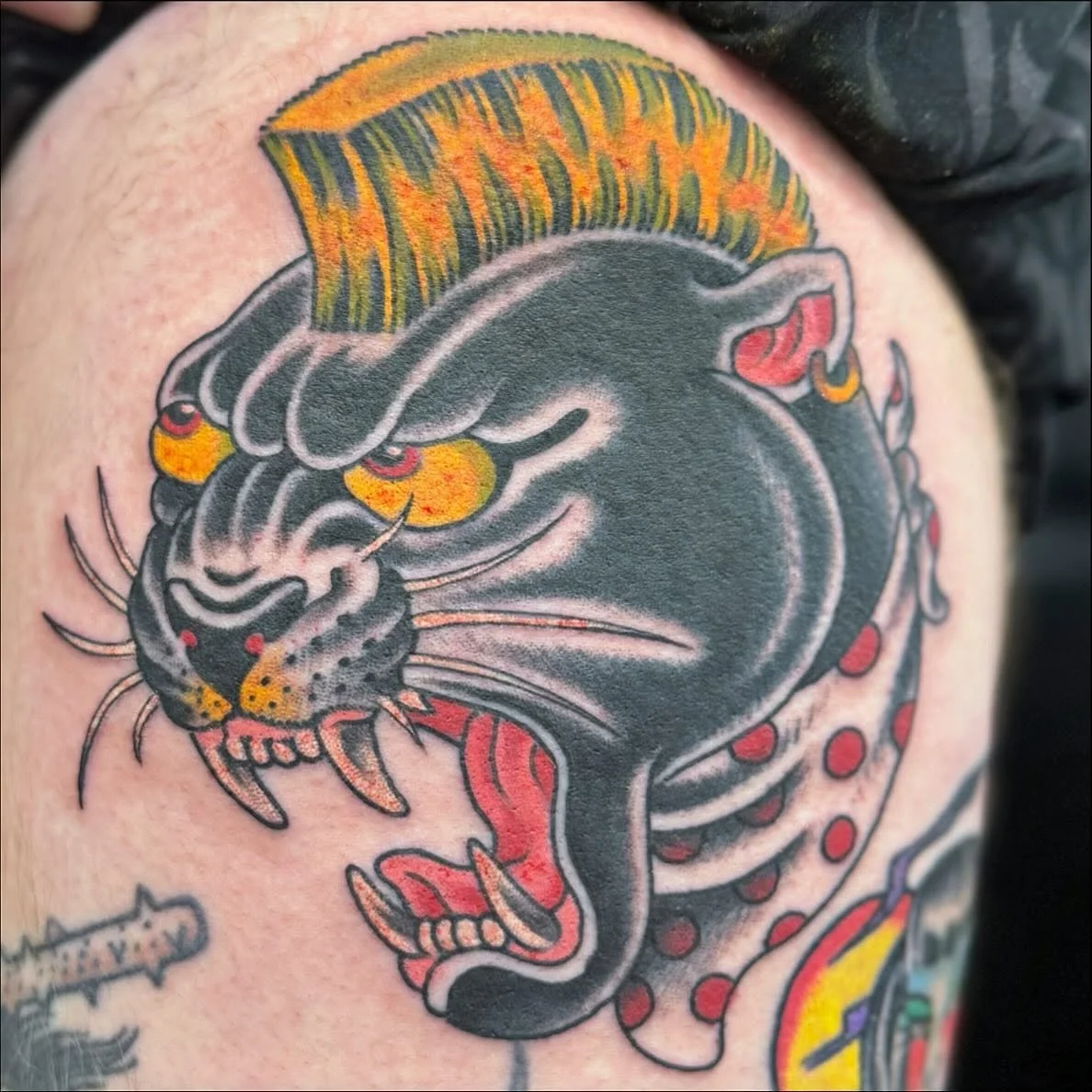 Panther head by @zach_bonime . To book with Zach call or email the shop, or DM him directly. He also does walkins on Tuesdays and Thursdays! #flyritetattoo #brooklyn