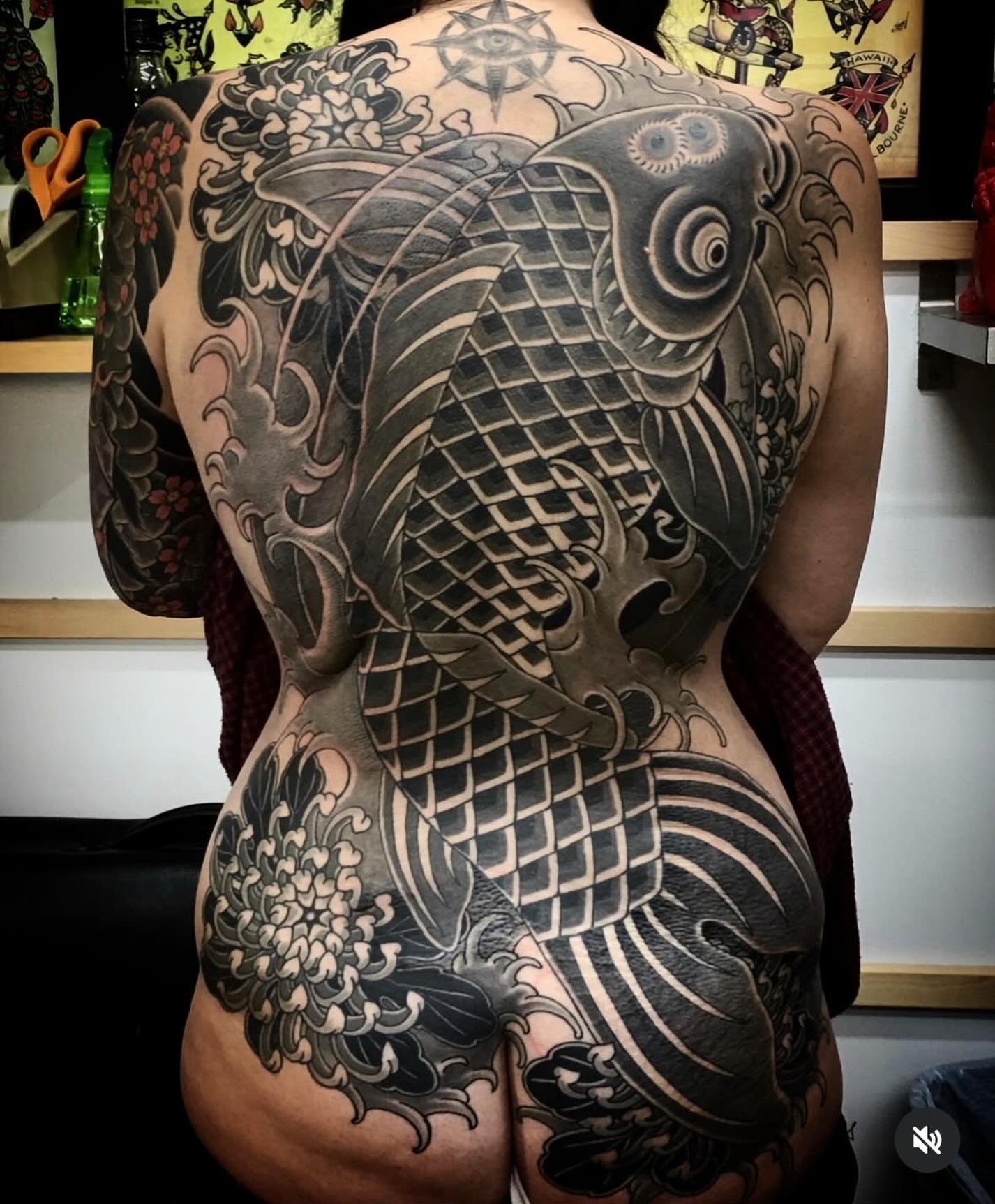 Koi and chrysanthemum back piece by @gill_gold To book your appointment with Gill you can contact her directly, email/call the shop or stop by in person @flyritetattoo