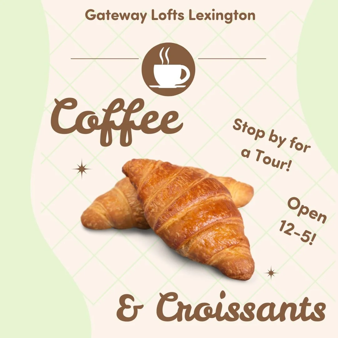 Stop by TOMORROW for a tour with us from 12-5! We will have complimentary croissants and access to our exclusive, new coffee station! We are now leasing for Summer/Fall move in dates, and have an awesome special going on for those who move in before 