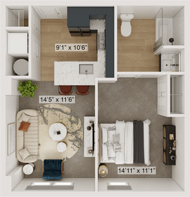 Gateway Lofts Lexington Secretariat floor plan, 597 square feet, 1 bed 1 bath in Lexington, KY