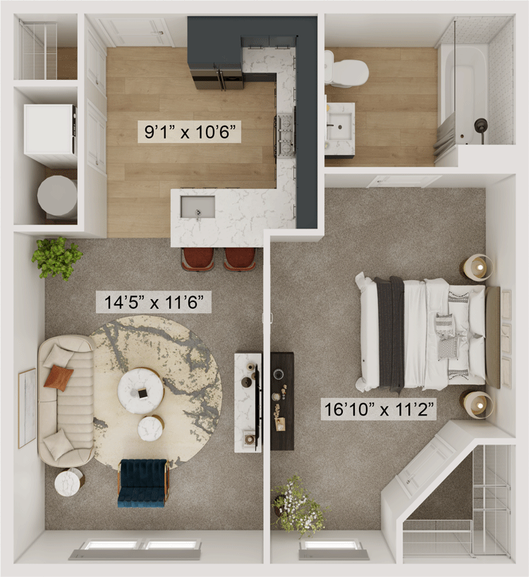 Gateway Lofts Lexington Wildcat floor plan, 597 square feet, 1 bed 1 bath in Lexington, KY