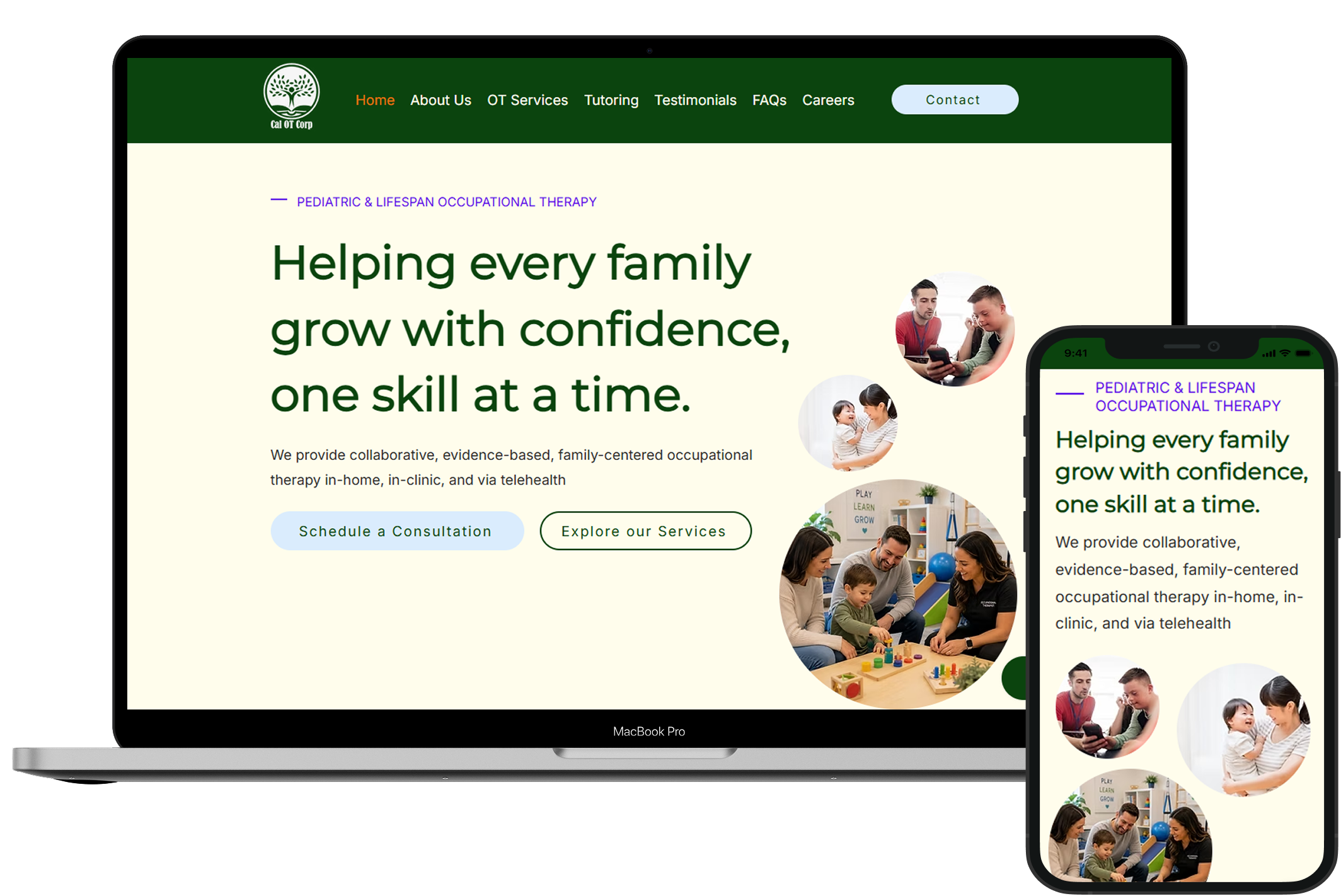 Screenshot of a website called Cal OT Corp offering occupational therapy services, including pediatric and family therapy, with images of children and families and options to schedule a consultation or explore services.