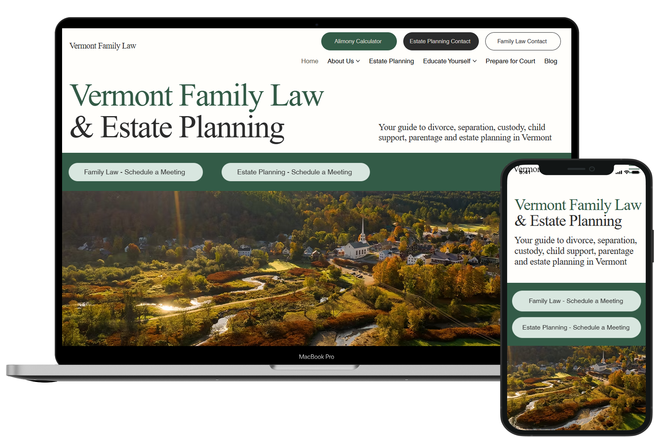 Screenshot of a website titled Vermont Family Law & Estate Planning with greenery and a river landscape background, displaying buttons for scheduling and contacting family law and estate planning services on a laptop and a smartphone.