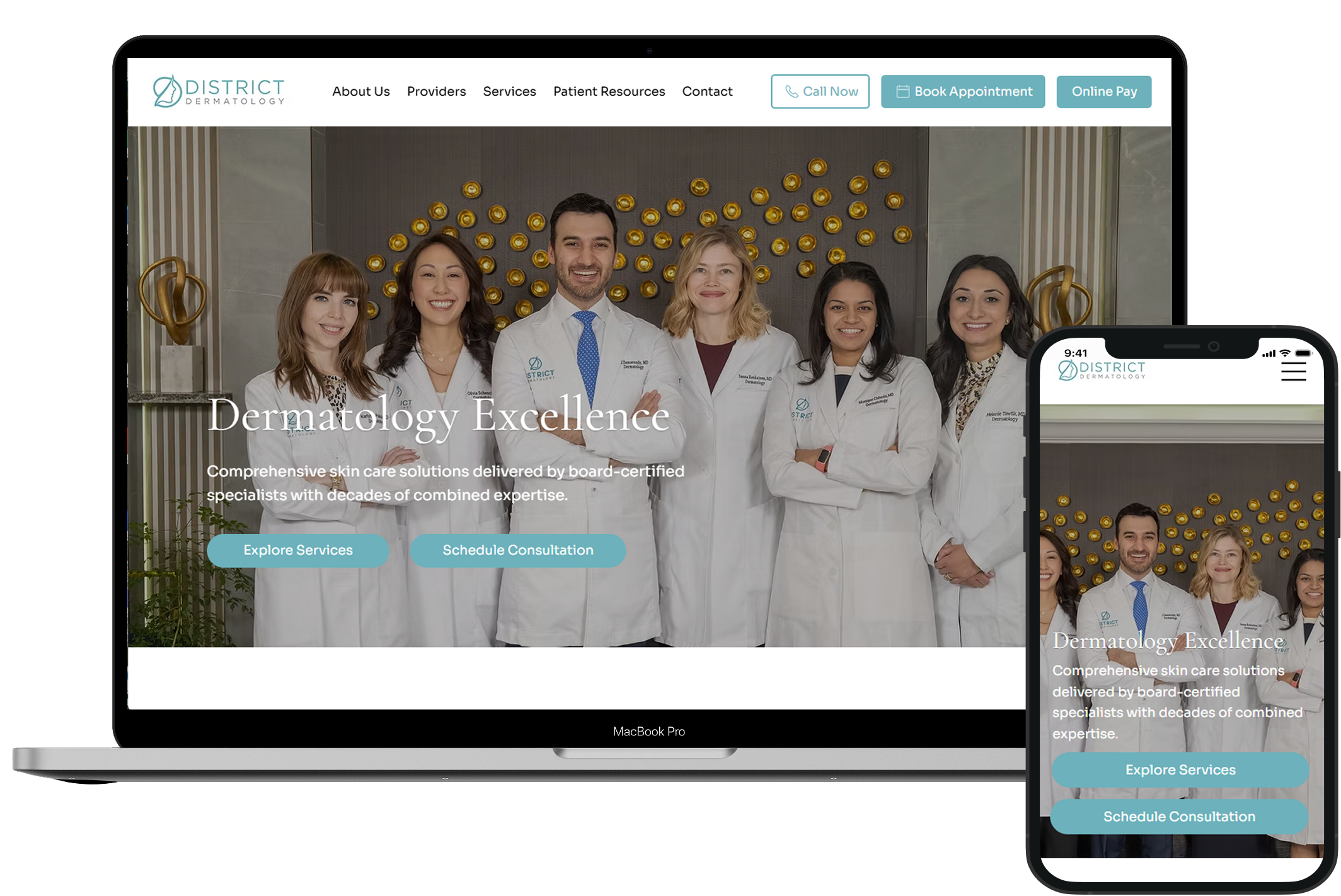 Screenshot of dermatology clinic website with a group of five diverse medical professionals in white coats smiling, standing in front of a wall decorated with circular gold accents, with website navigation options visible at the top, including 'About Us,' 'Providers,' 'Services,' 'Patient Resources,' and 'Contact,' along with buttons for 'Call Now,' 'Book Appointment,' and 'Online Pay.'