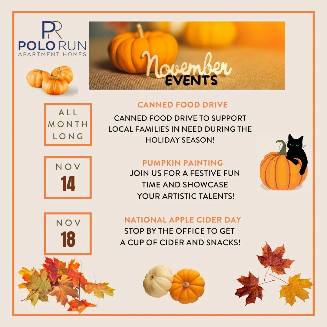 🍂 Hello November! 🍁
The season of gratitude and cozy gatherings is here, and we&rsquo;ve got some exciting things happening across our communities this month! 

📅 Check out the calendar!

#NovemberVibes #PoloRun #CommunityLiving #ResidentLife #Tha