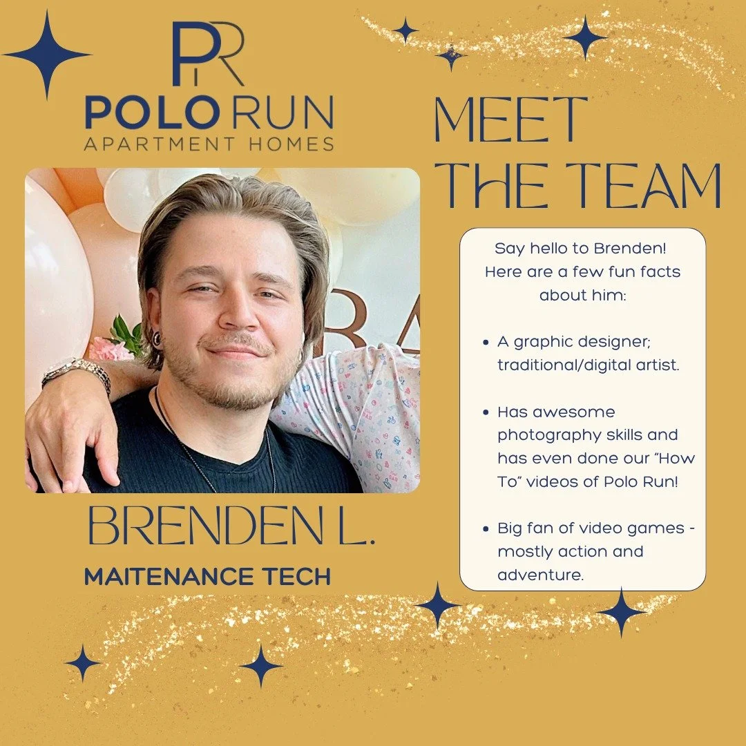 Meet one of our Maintenance techs, Brenden! Brenden has been with Polo Run for 3 years! 

He helps us maintain our beautiful community, takes care of work orders and even gives us awesome maintenance tips to keep us running smoothly! 

📍 100 Polo Ru