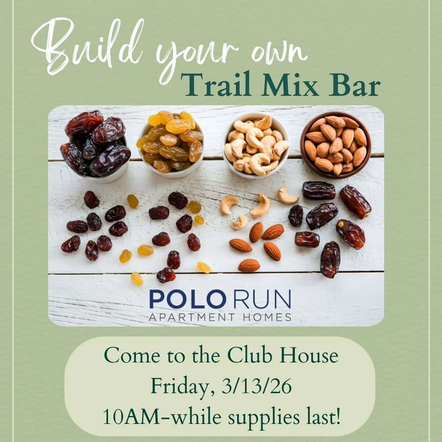 🥜Build Your Own Trail Mix Bar! 🥨

Hey neighbors! Swing by the Clubhouse and create your perfect snack at our DIY Trail Mix Bar! 
Mix, match, and munch your way through a delicious spread of sweet, salty, and crunchy favorites. 🍫🥨

Whether you lov