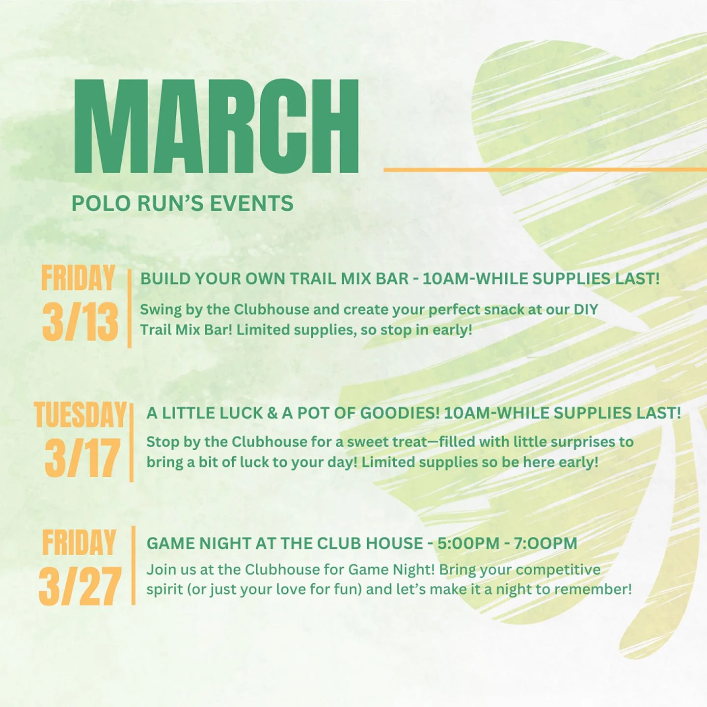 🎉 March is packed with fun for our residents! 🎉

From family-friendly activities to workshops and community gatherings, there&rsquo;s something for everyone this month.
📅 Save the dates &amp; join your neighbors at the Polo Run Club House!

#polor