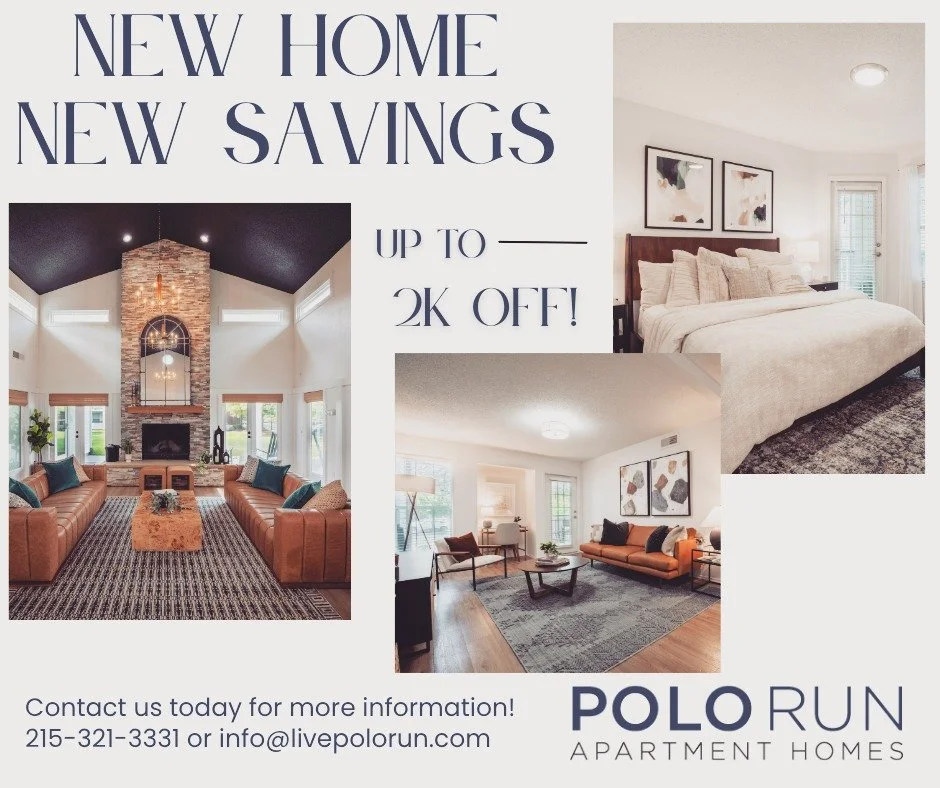 ✨ New Home, New Savings! ✨

Take advantage of limited-time specials on select apartment homes &mdash; save up to $2,000! 💰

Make your move to comfort, style, and convenience at Polo Run Apartment Homes.

Call today for more details and to secure you