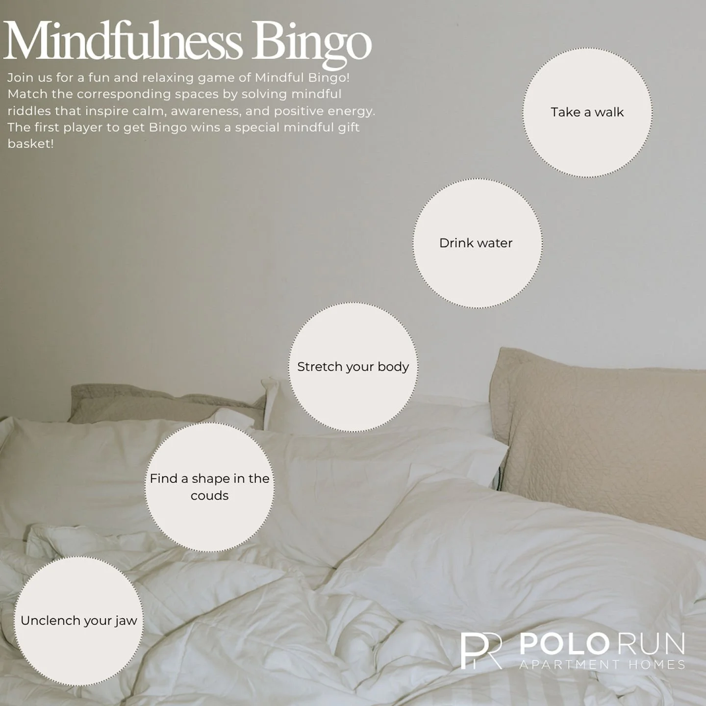 Mindful Bingo starts today! Stop by the office to collect your bingo board. Check the mailbox flyer or front office flyer for the daily riddle Monday through Friday. First person to get five in a row wins a mindful gift basket! 🎊
 #mentalhealthaware