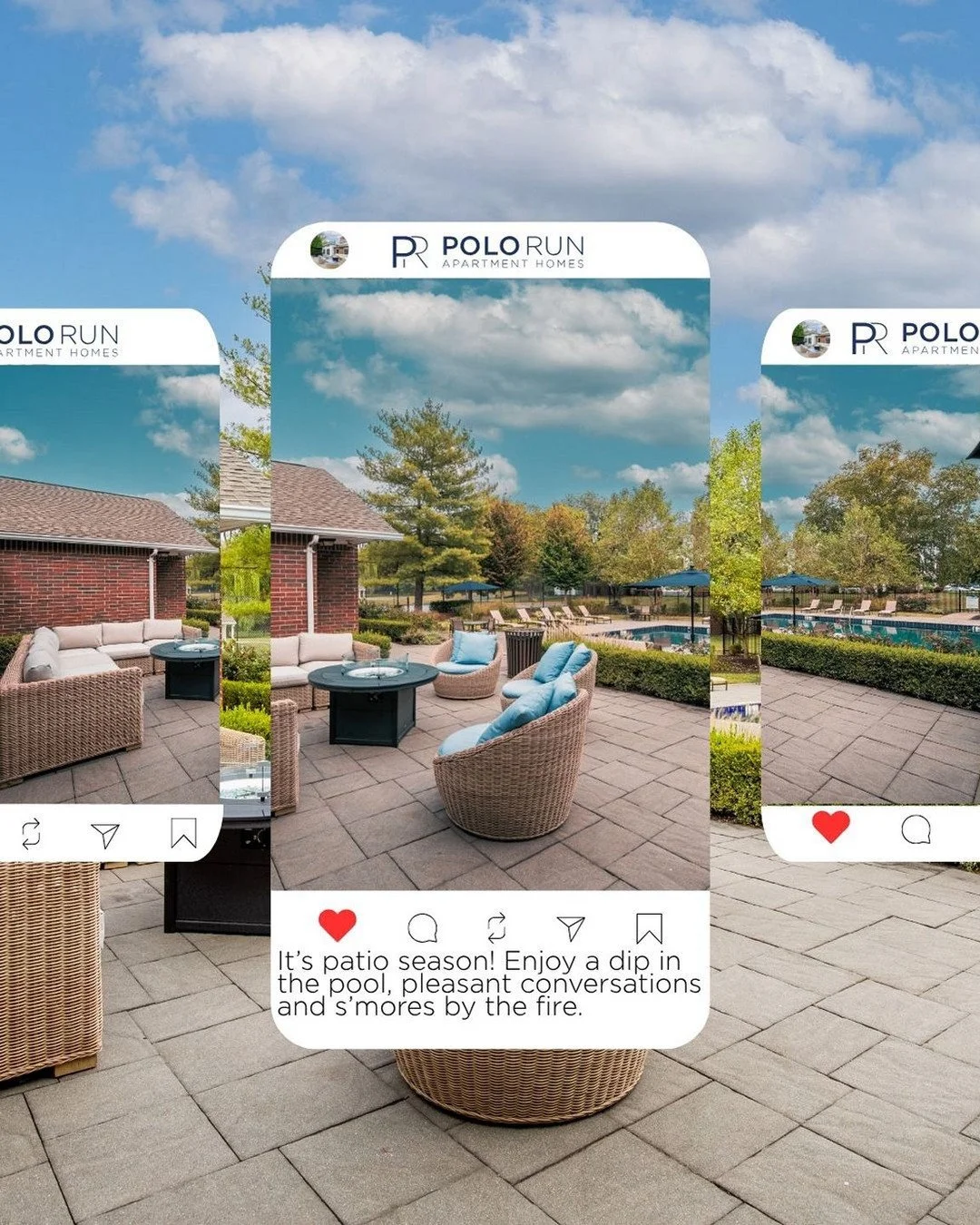Poolside days, patio nights, summer done right. 
#polorunapartments #summer2026 #poolside #firepit
