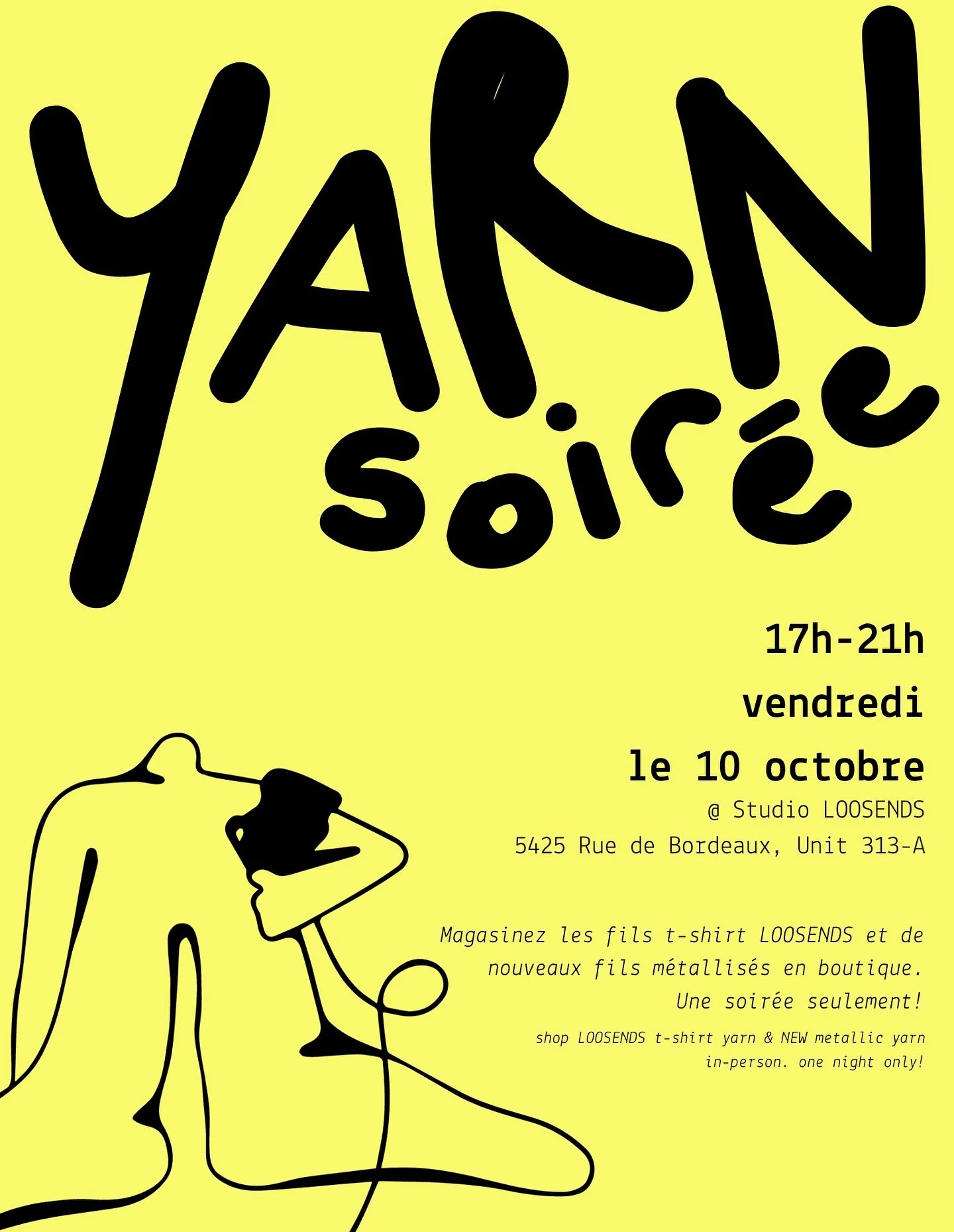 montréal, get ready to shop!
the @loosendsyarn restock is kicking off right here with our first ever YARN Soirée and you’re invited💌
come shop the restock, including over 350 colours & patterns of t-shirt yarn. PLUS, be the
