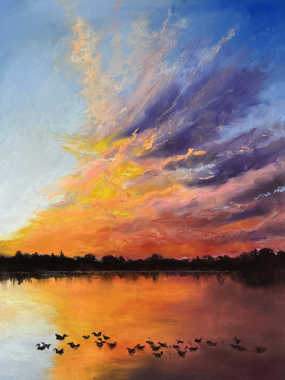 Original, vibrant Pastel Painting of Sunset Over Lake — Hazel