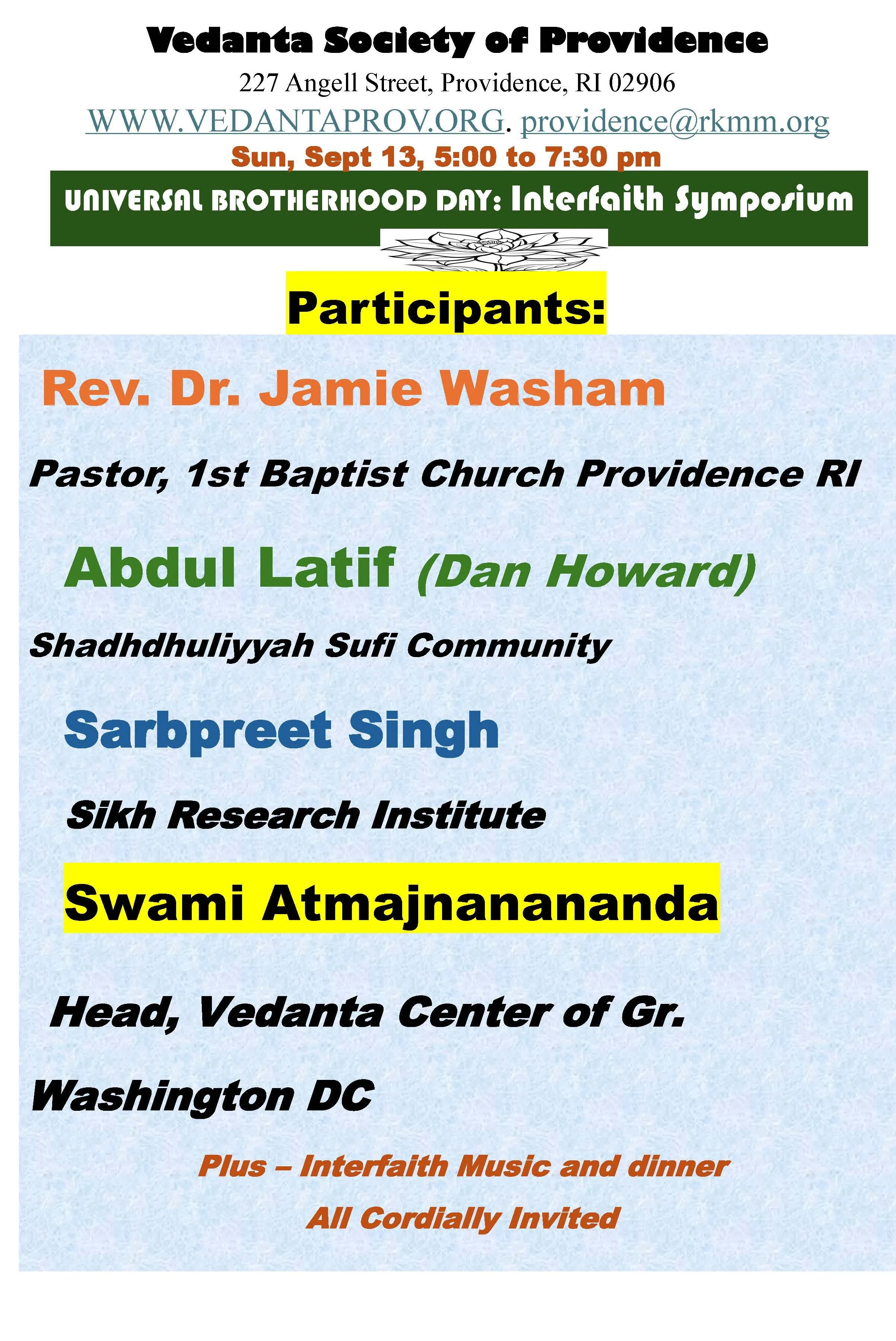 Universal Brotherhood Day: Vedanta Society of Providence