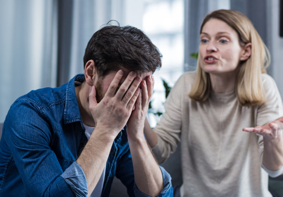 Graphic reading 'The Gift of Curiosity in Conflict,' showing a woman frustrated at a man. Promotes using curiosity (IFS Self-Energy) to improve conflict resolution in St. Louis therapy.