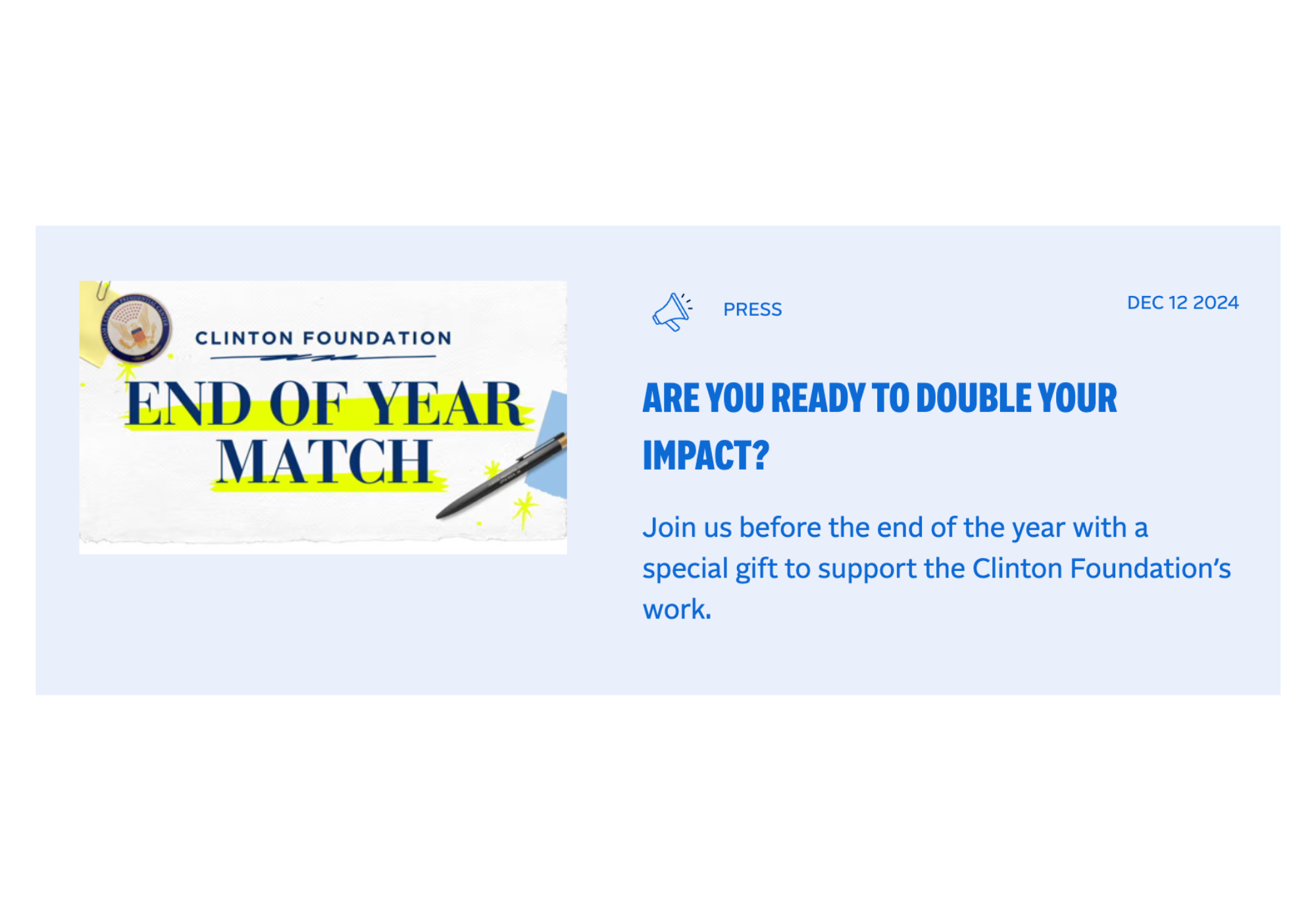 Conversion-focused donation page copy for the Clinton Foundation’s year-end global fundraising efforts.
