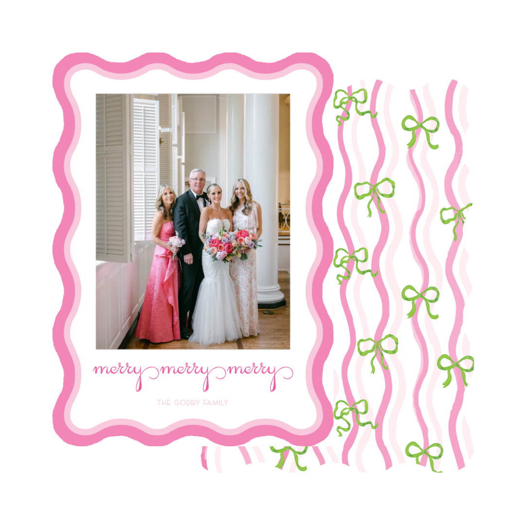 Wavy Die Cut Merry Bows Christmas Card - Vertical PINK