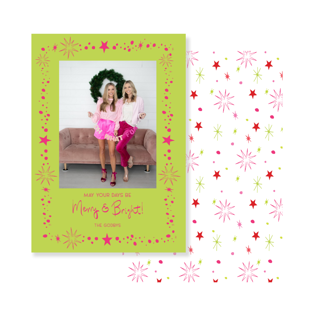 Merry  & Bright Stars Christmas Card - Vertical  CHARTREUSE