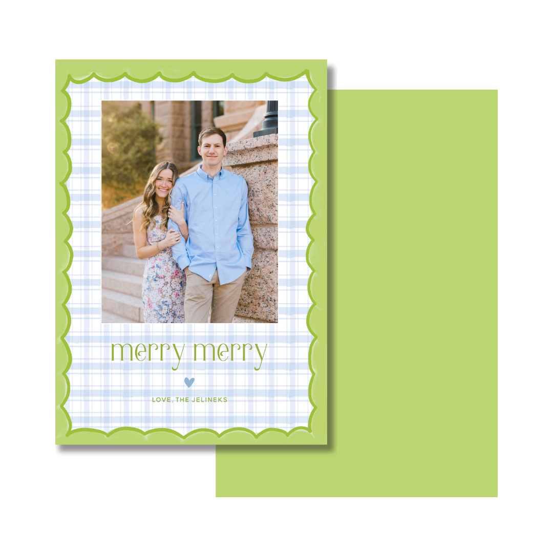 Merry Merry Scallop & Gingham Christmas Card - Vertical - GREEN/BLUE