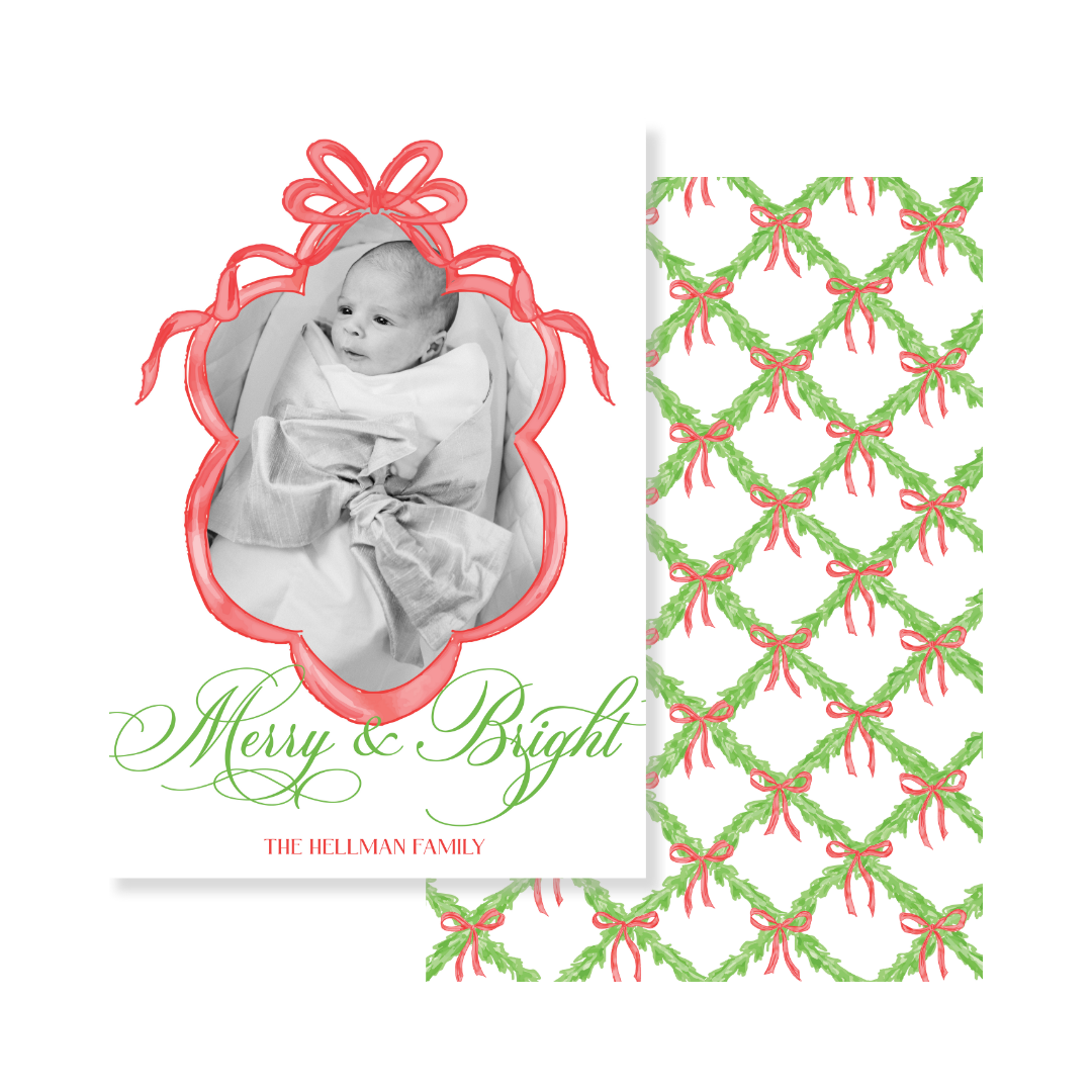 Red Bow Frame & Lattice Christmas Card - Vertical