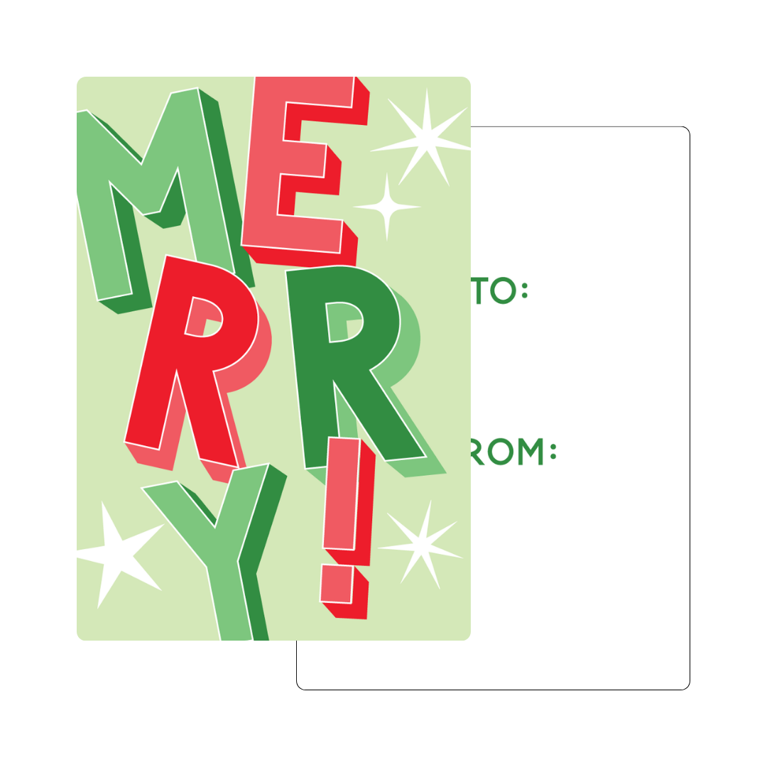 MERRY! Block Letters Gift Tag - GREEN & PINK OPTIONS