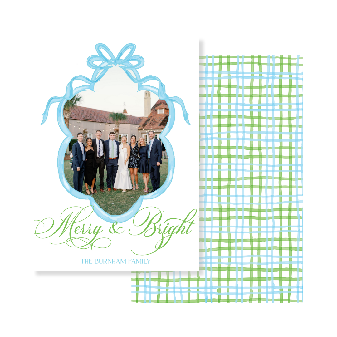 Blue Bow Frame & Gingham Christmas Card - Vertical