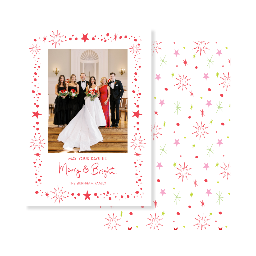 Merry  & Bright Stars Christmas Card - Vertical  RED