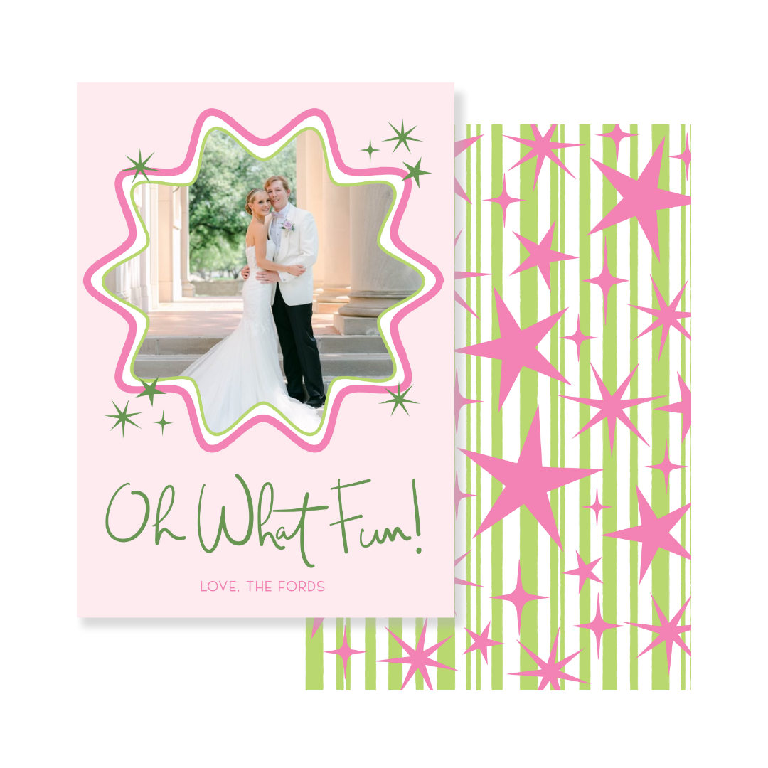 Oh What Fun Stars Christmas Card - Vertical PINK