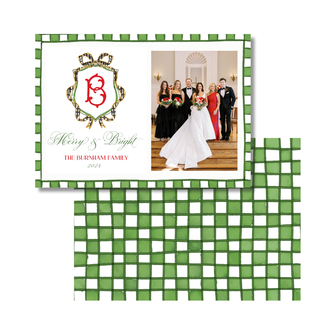 Black & White Check  Ribbon With Green & White Check Christmas Card - Horizontal