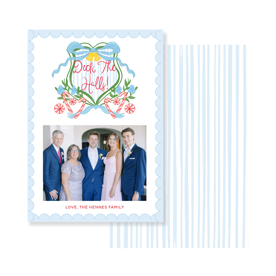 Blue Scallop Border Deck The Halls Crest Christmas Card - Vertical