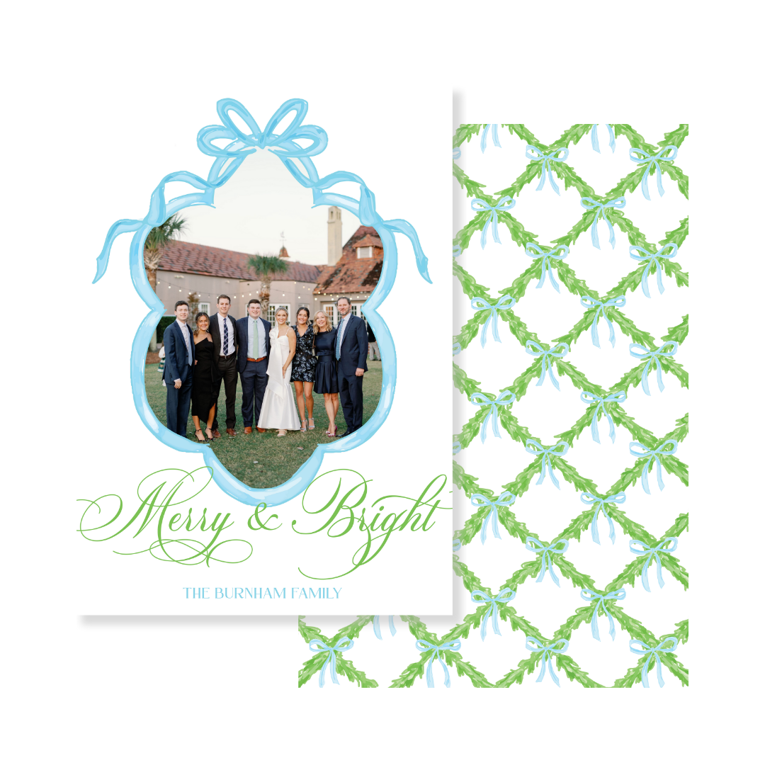 Blue Bow Frame & Lattice Christmas Card - Vertical