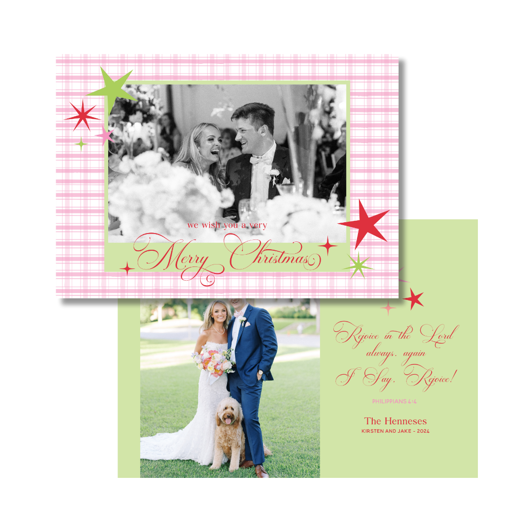 Pink & Green Gingham & Stars  Christmas Card - Horizontal - GINGHAM FRONT