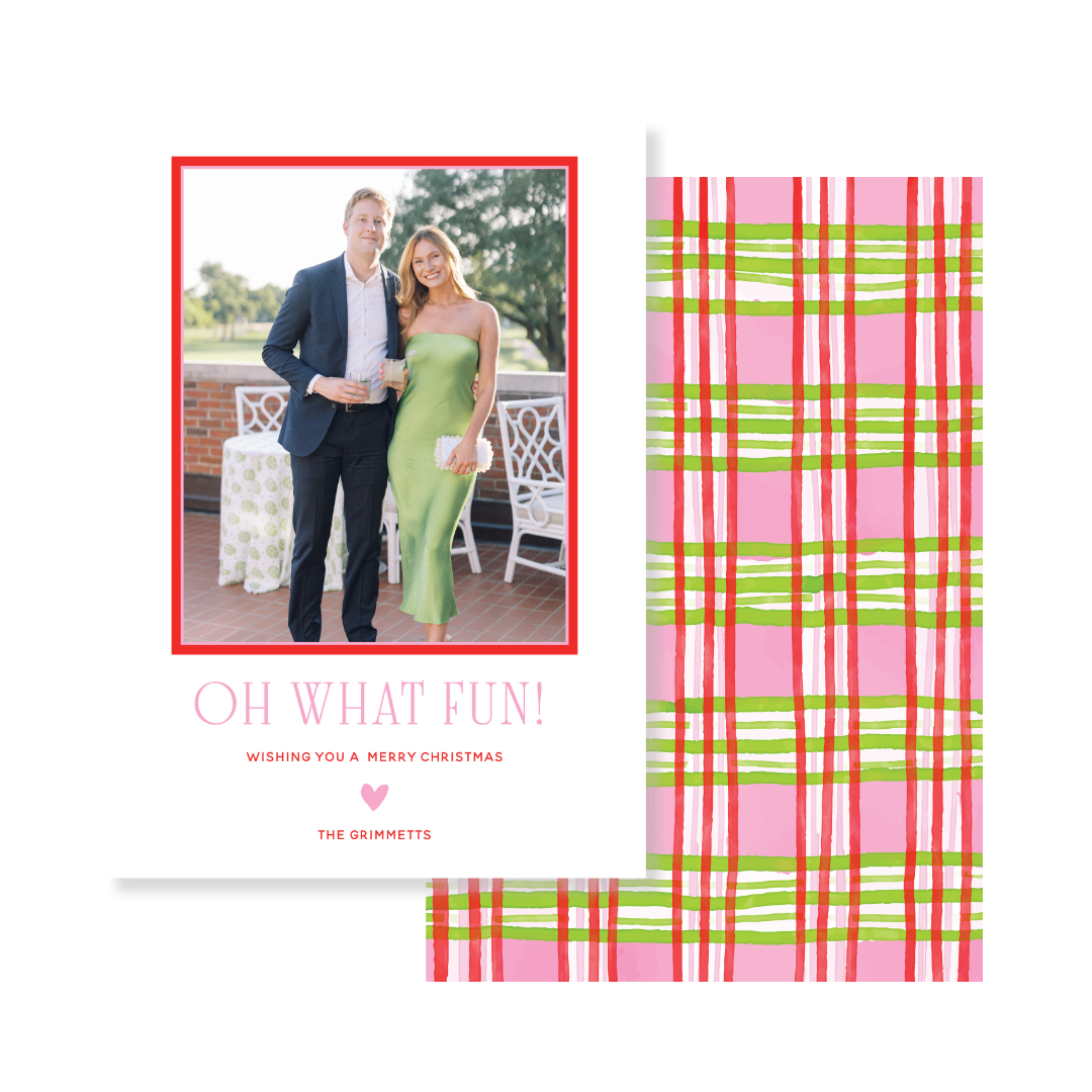 Oh What Fun Festive Gingham Christmas Card - Vertical
