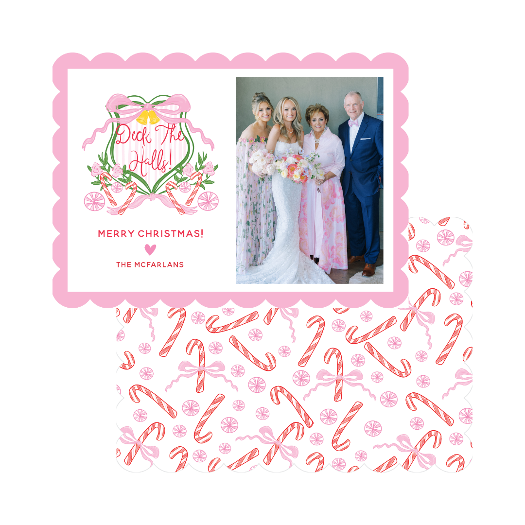 Pink Scallop Die Cut Deck The Halls Crest Christmas Card - Horizontal