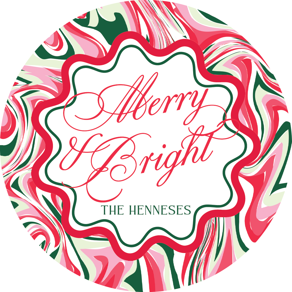 Peppermint Christmas Marble Merry & Bright Circle Gift Tag