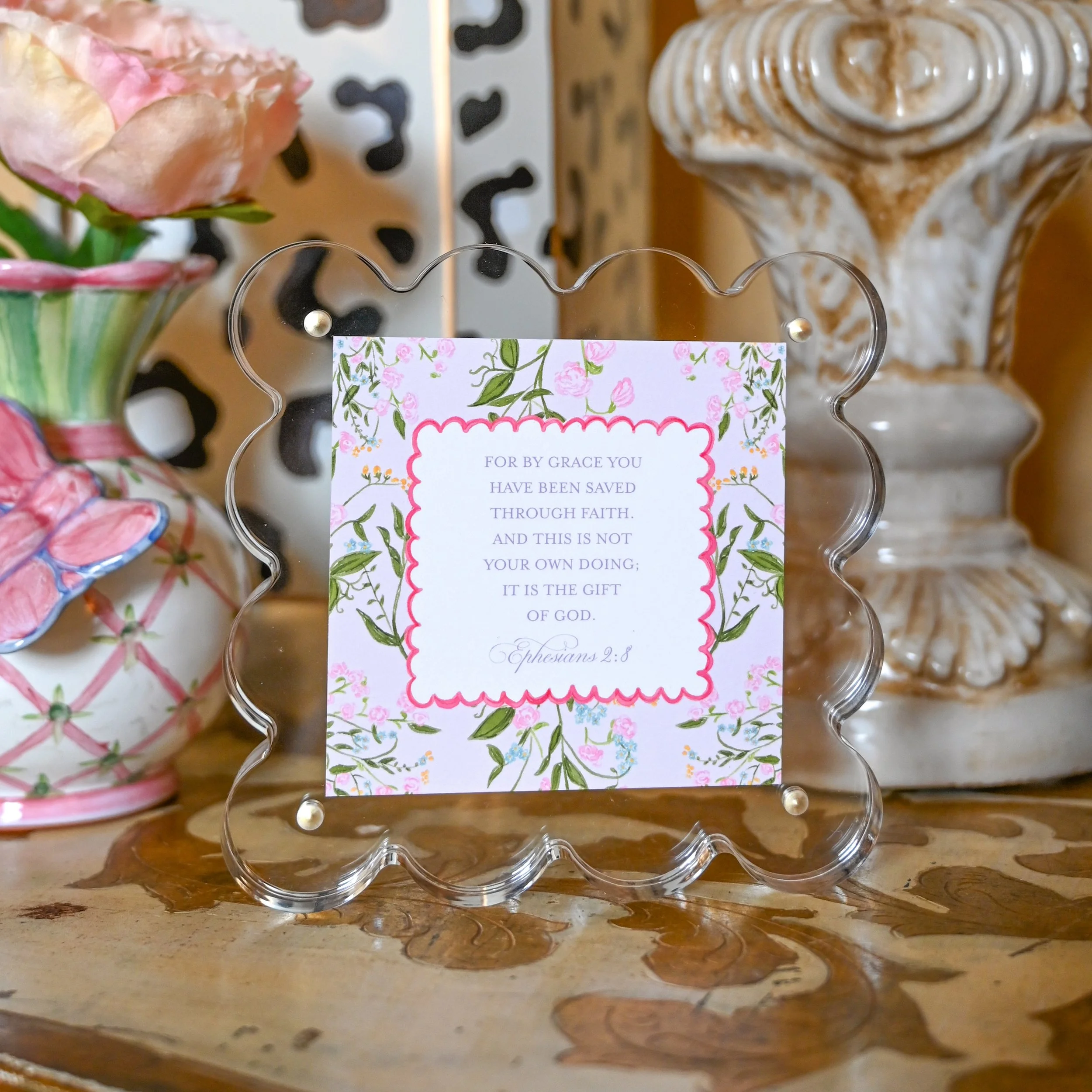 Scallop Acrylic Frame - Ephesians 2:8 Floral Watercolor Art