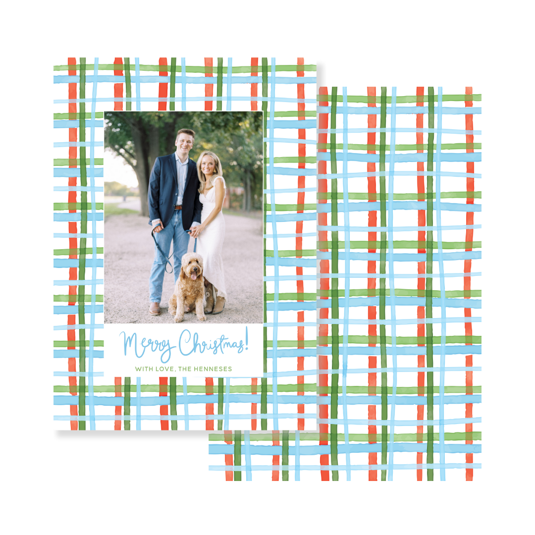 Blue & Green Gingham Christmas Card - Vertical