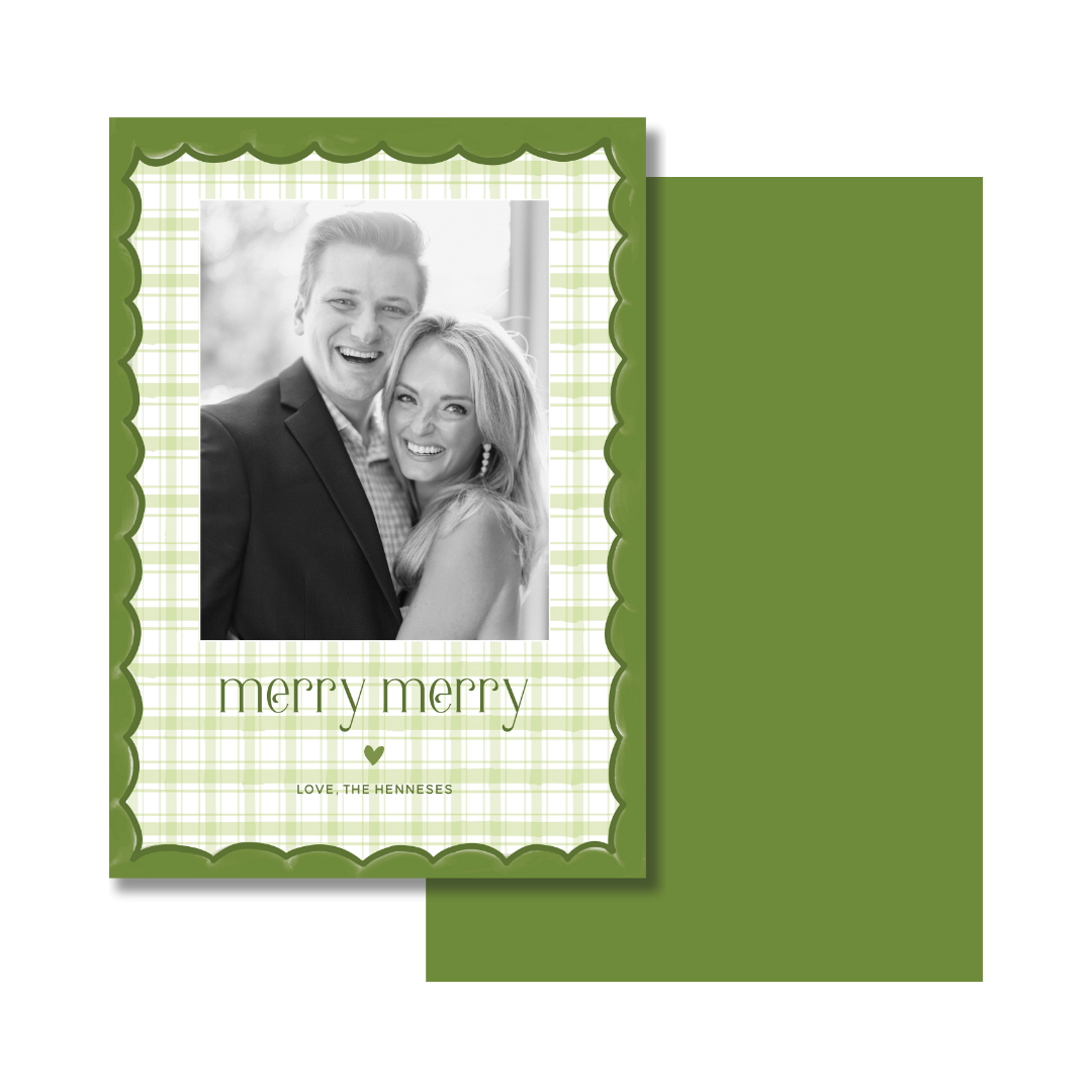 Merry Merry Scallop & Gingham Christmas Card - Vertical - GREEN/GREEN