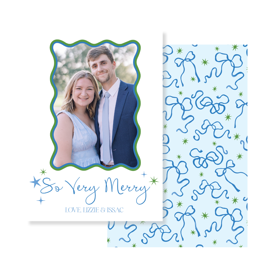 So Very Merry Bows & Stars Christmas Card - Vertical - BLUE & GREEN
