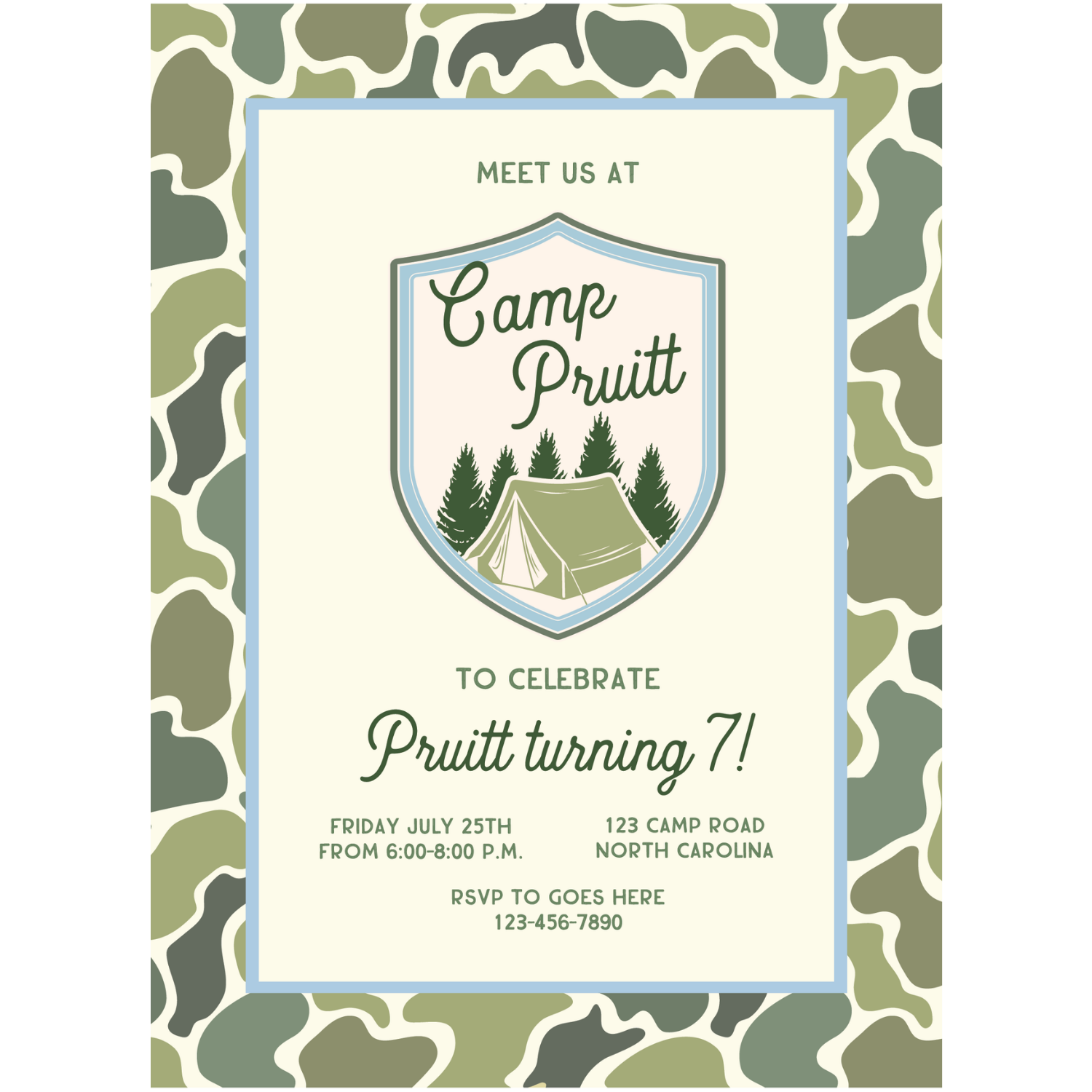 Boy Camp Camo Theme Invitation