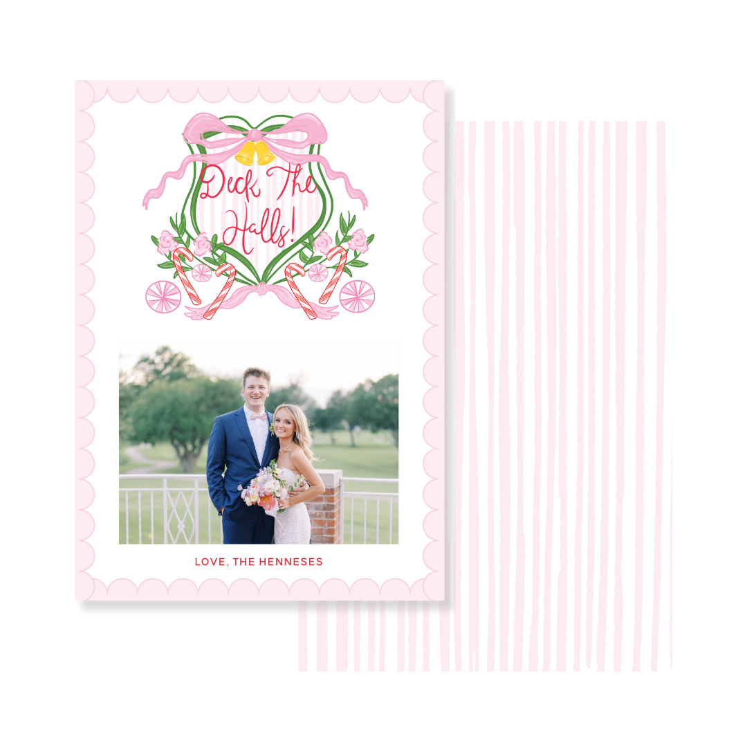 Pink Scallop Border Deck The Halls Crest Christmas Card - Vertical