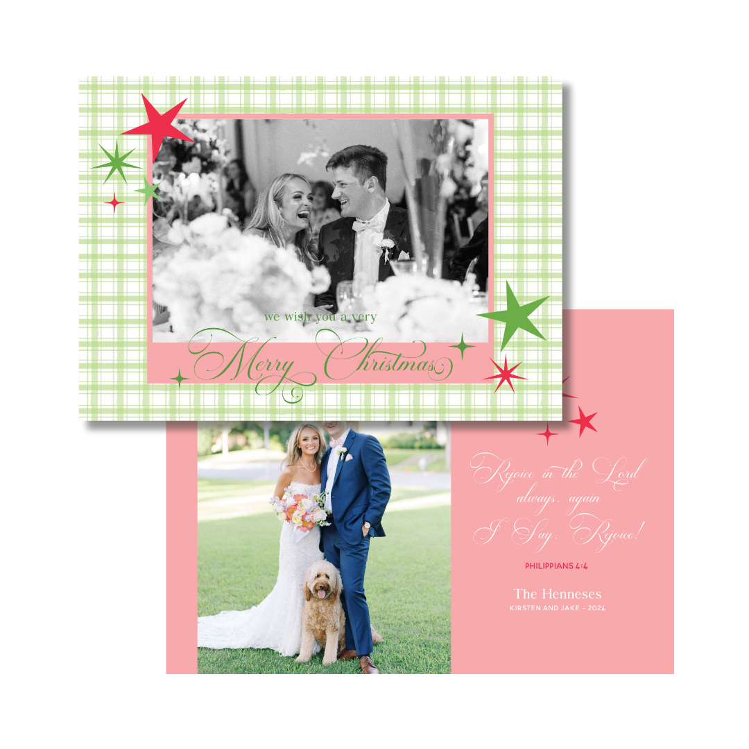 Red & Green Gingham & Stars  Christmas Card - Horizontal - GINGHAM FRONT