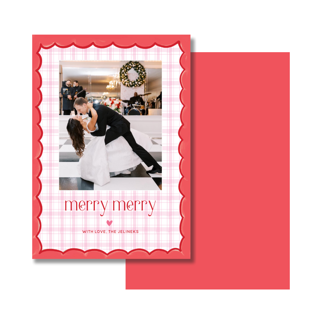 Merry Merry Scallop & Gingham Christmas Card - Vertical - RED/PINK