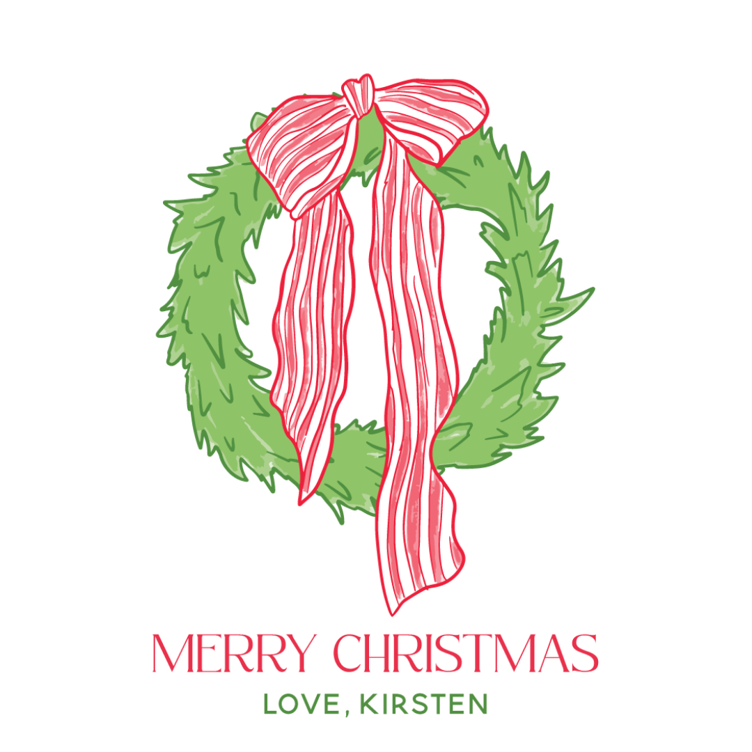 Christmas Wreath & Red Striped Ribbon Gift Tag